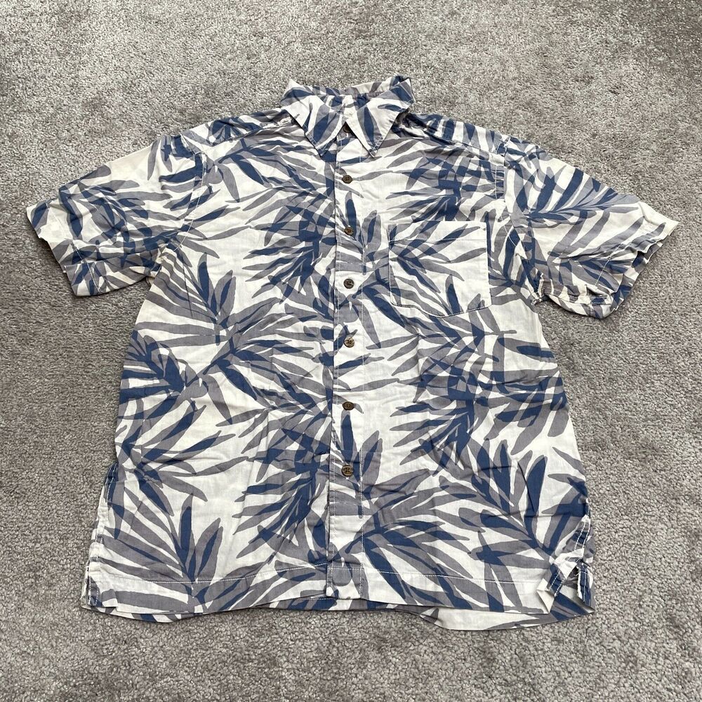 Old Navy Hawaiin Button Down Shirt Mens Small Blue White Tropical Palm Leaves